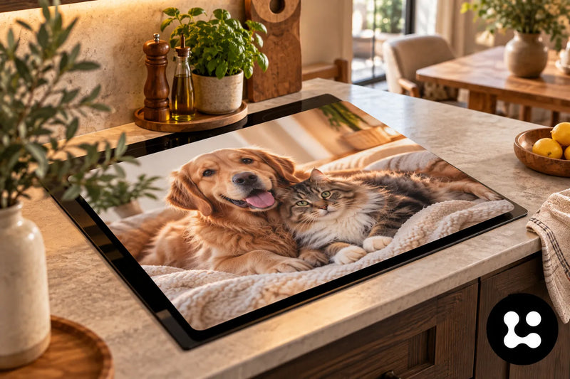 Inductiebeschermer met foto van je huisdier: jouw hond of kat op de kookplaat!