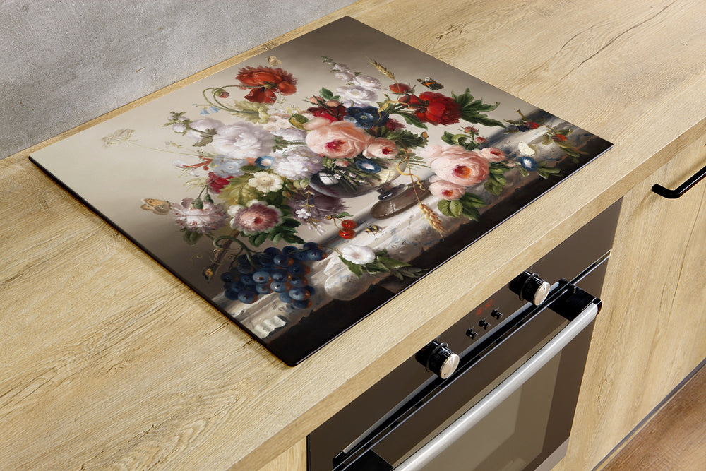 MuchoWow Inductiebeschermer - Inductie mat - Vinyl - Bloemen - Vintage - Pastel - Roze - Wit - 83x51.5 cm - Inductie beschermer
